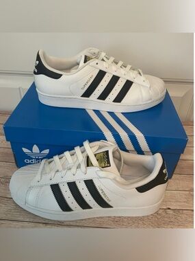 Adidas Superstar White and Black w/Gold trim NWOT